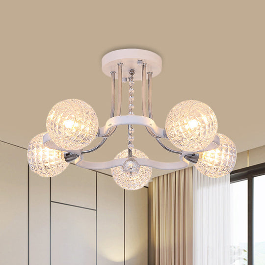 Sleek White Glass Ball Ceiling Light with Lattice Design - Semi Flush Mount, 3/5 Lights - Modern Bedroom Lighting