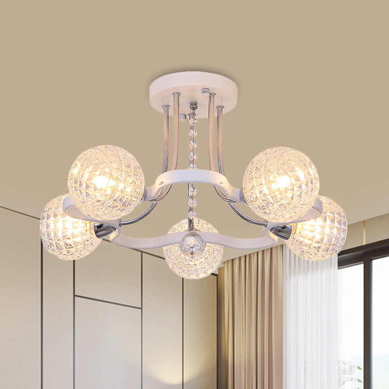 Sleek White Glass Ball Ceiling Light With Lattice Design - Semi Flush Mount 3/5 Lights Modern