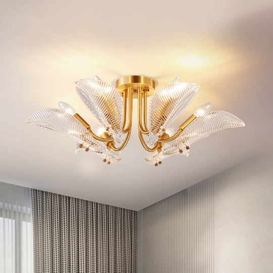 Transparent Glass Ceiling Lamp with Brass Leaf Design - Semi Flush Mount Light for Bedroom (6 Heads)