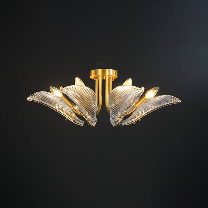 Transparent Glass Ceiling Lamp with Brass Leaf Design - Semi Flush Mount Light for Bedroom (6 Heads)