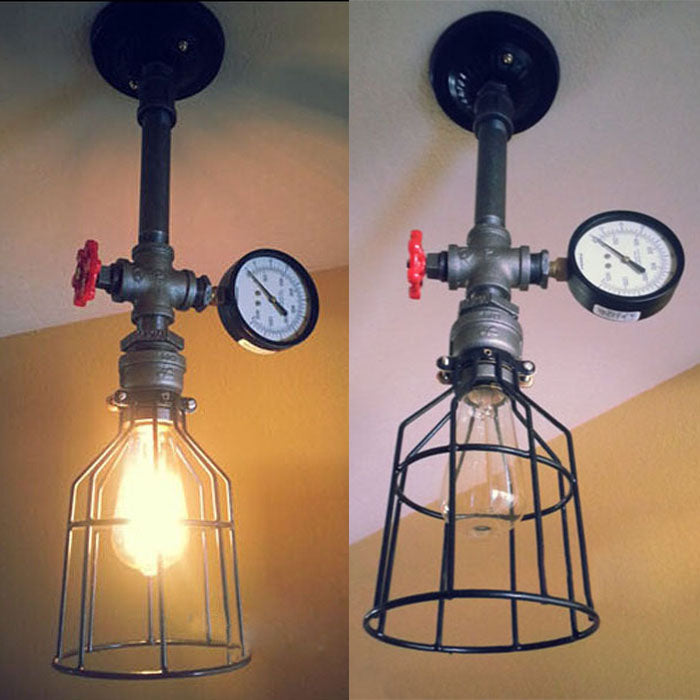 Vintage Style Black Metal Cage Ceiling Light - 1 Light Tapered Design, Semi Flush Mount for Restaurants with Valve and Gauge