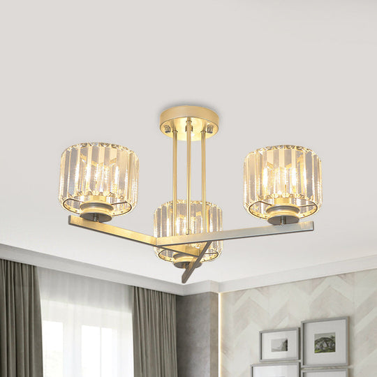 Gold Semi-Mount Crystal Prism Ceiling Flush Light - Modern 3/4-Light Short Cylinder