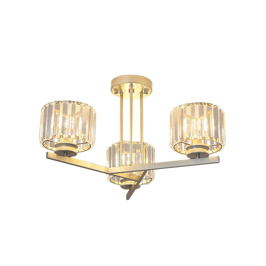 Gold Semi-Mount Crystal Prism Ceiling Flush Light - Modern 3/4-Light Short Cylinder