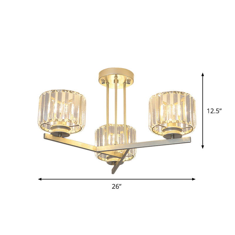 Gold Semi-Mount Crystal Prism Ceiling Flush Light - Modern 3/4-Light Short Cylinder