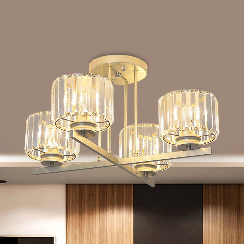 Gold Semi-Mount Crystal Prism Ceiling Flush Light - Modern 3/4-Light Short Cylinder