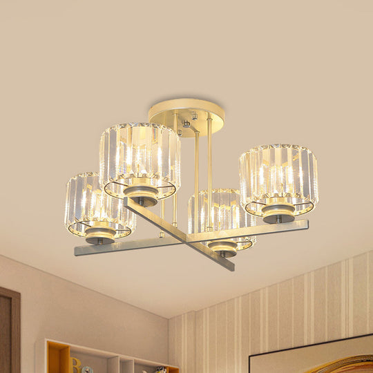 Gold Semi-Mount Crystal Prism Ceiling Flush Light - Modern 3/4-Light Short Cylinder