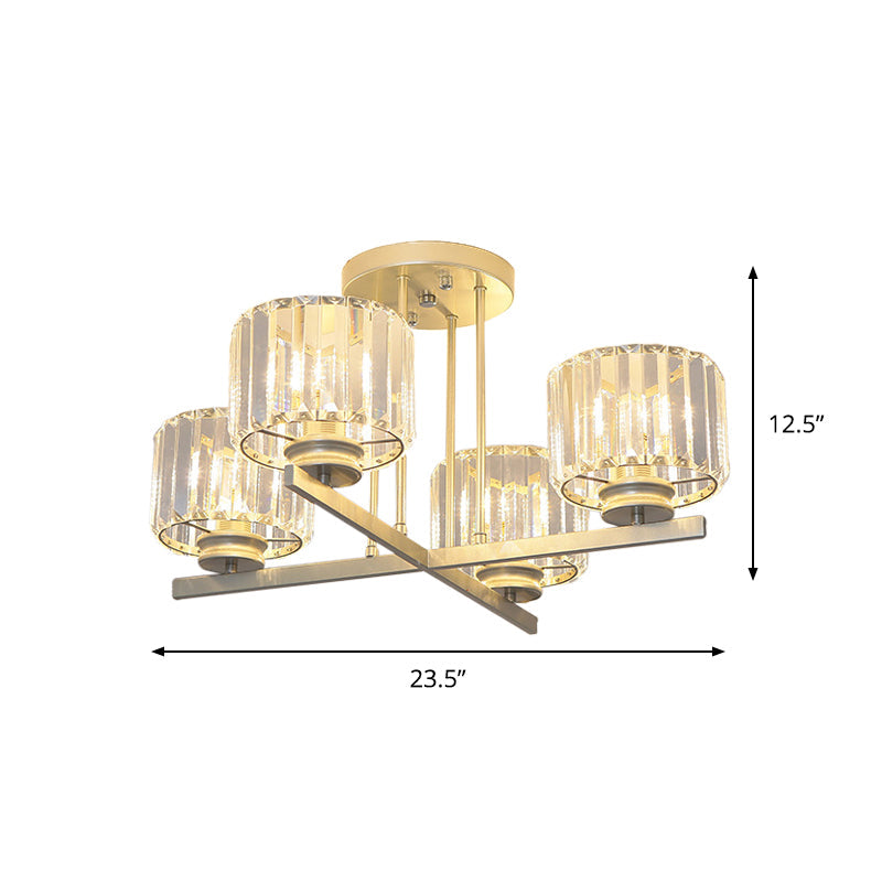 Gold Semi-Mount Crystal Prism Ceiling Flush Light - Modern 3/4-Light Short Cylinder