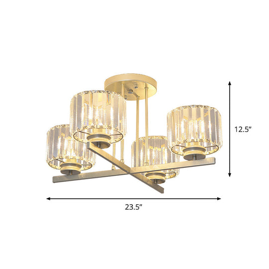 Gold Semi-Mount Crystal Prism Ceiling Flush Light - Modern 3/4-Light Short Cylinder