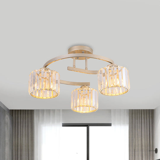 Contemporary Crystal Prism Cup Semi-Flush Chandelier with Gold Curved Arm - 3 Heads Ceiling Mount Lamp for Bedroom