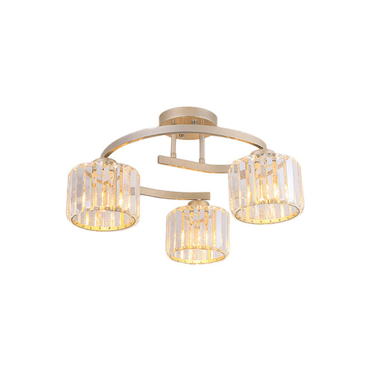 Contemporary Crystal Prism Cup Semi-Flush Chandelier with Gold Curved Arm - 3 Heads Ceiling Mount Lamp for Bedroom