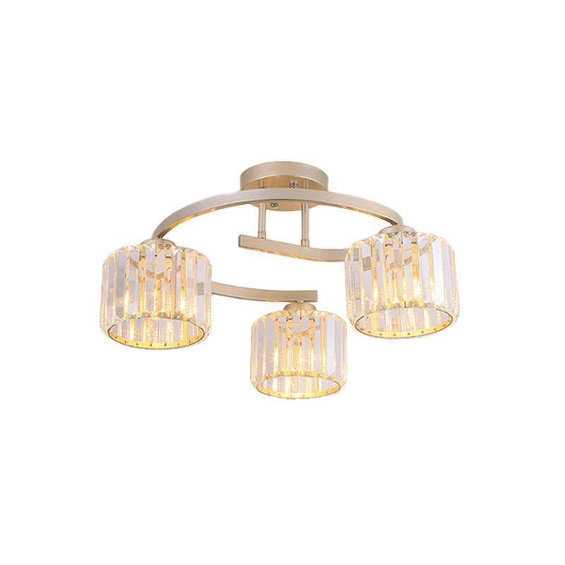 Contemporary Crystal Prism Cup Semi-Flush Chandelier With Gold Curved Arm - 3 Heads Ceiling Mount