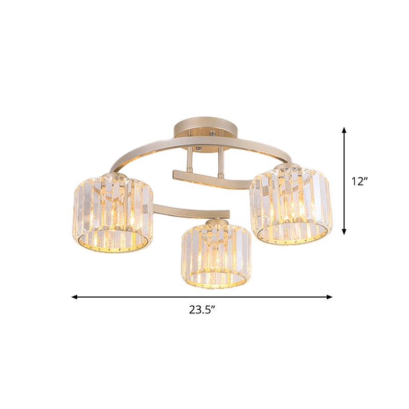 Contemporary Crystal Prism Cup Semi-Flush Chandelier with Gold Curved Arm - 3 Heads Ceiling Mount Lamp for Bedroom