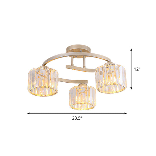 Contemporary Crystal Prism Cup Semi-Flush Chandelier with Gold Curved Arm - 3 Heads Ceiling Mount Lamp for Bedroom