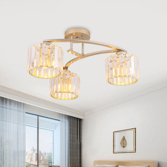 Postmodern Gold V Arm Ceiling Mount Chandelier: Crystal Shade, 3 Bulbs, Semi Flush Light for Restaurant