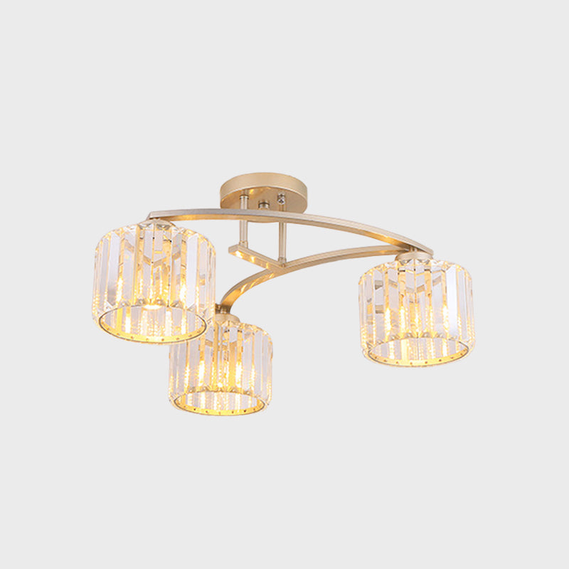 Postmodern Gold V Arm Ceiling Mount Chandelier: Crystal Shade, 3 Bulbs, Semi Flush Light for Restaurant