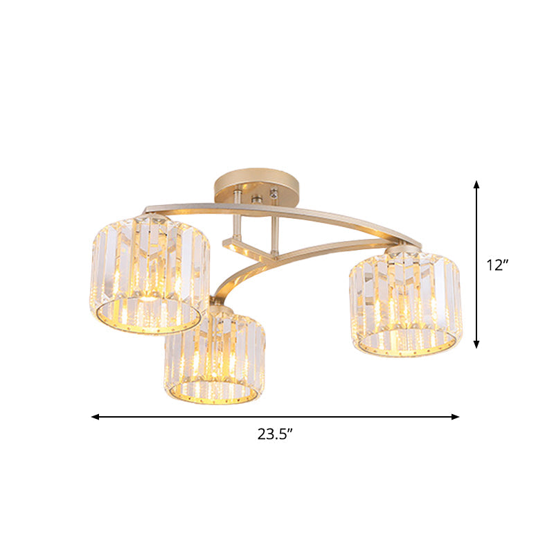 Postmodern Gold V Arm Ceiling Mount Chandelier: Crystal Shade, 3 Bulbs, Semi Flush Light for Restaurant