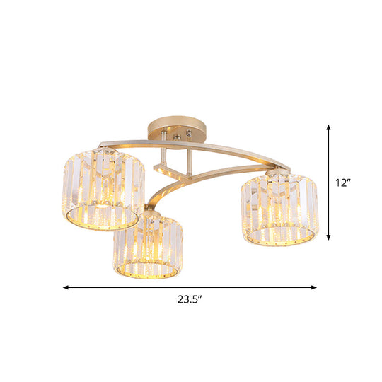 Postmodern Gold V Arm Ceiling Mount Chandelier: Crystal Shade, 3 Bulbs, Semi Flush Light for Restaurant