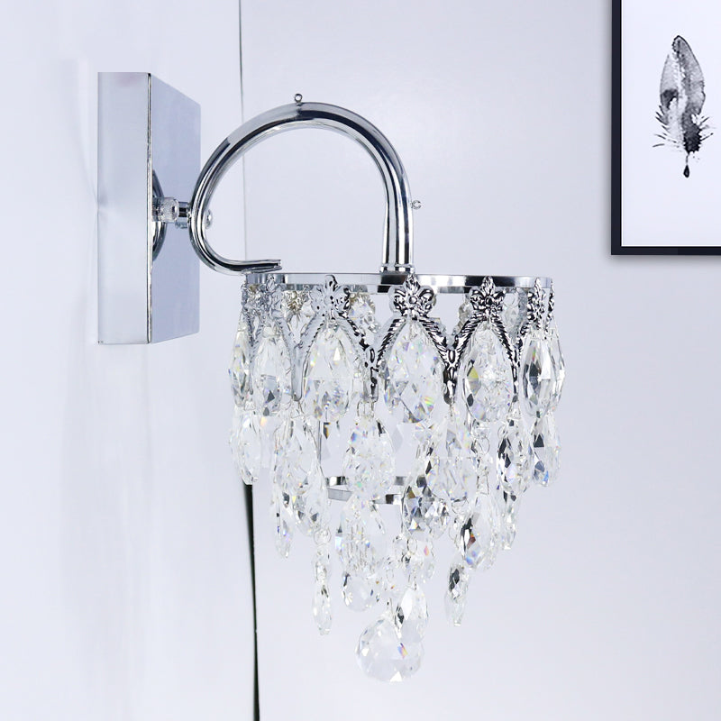 Modern Crystal Draped Wall Lamp With Arched Arm & Polished Chrome Finish