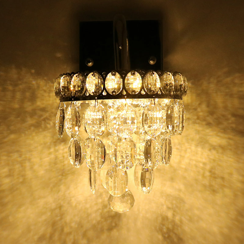 Modern Chrome Led Wall Sconce With Fringe Faceted Crystal And Scroll Arm