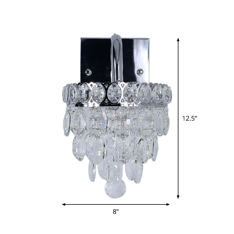 Modern Chrome Led Wall Sconce With Fringe Faceted Crystal And Scroll Arm