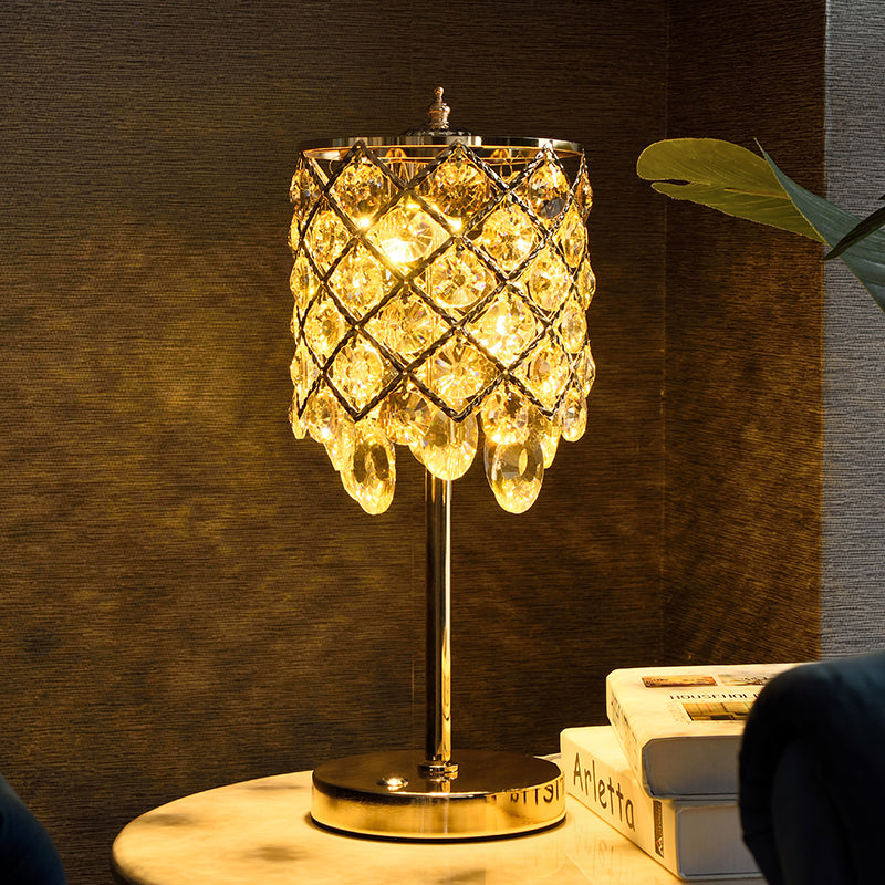 Modernist Led Lounge Table Lamp Clear/Champagne Crisscross Cylinder Nightstand Light Champagne