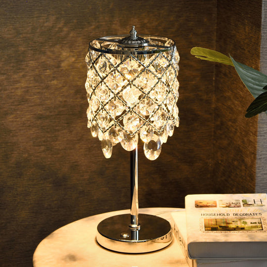 Modernist Led Lounge Table Lamp Clear/Champagne Crisscross Cylinder Nightstand Light Clear