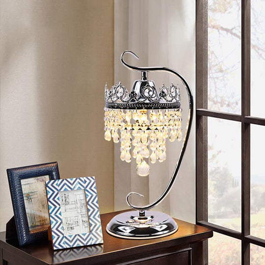 Retro Chrome Scroll Led Table Lamp With Crystal Drape - Metal Bedside Light