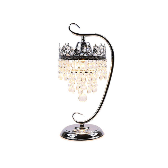 Retro Chrome Scroll Led Table Lamp With Crystal Drape - Metal Bedside Light