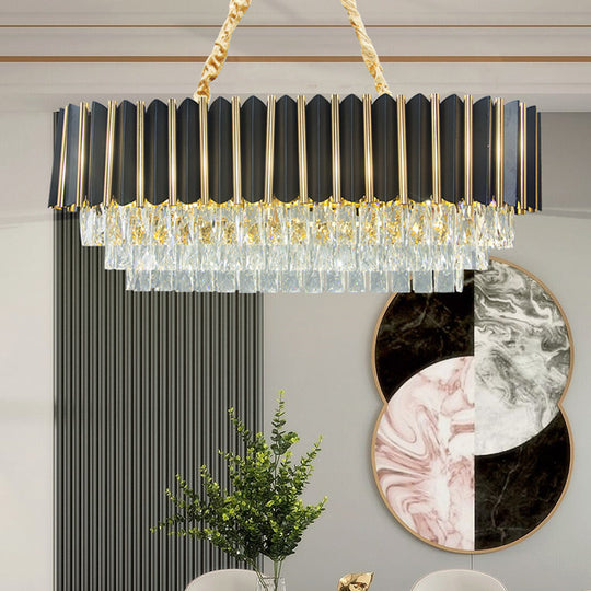 Mid Century 4-Tier Black And Gold Crystal Island Pendant - 8-Light Oval Restaurant Hanging Light