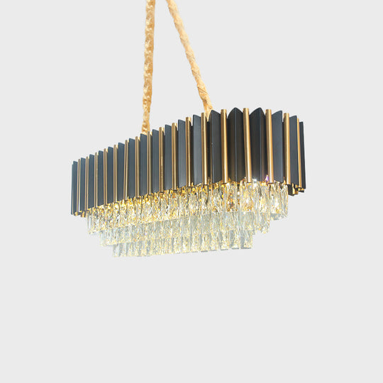 Mid Century 4-Tier Black And Gold Crystal Island Pendant - 8-Light Oval Restaurant Hanging Light