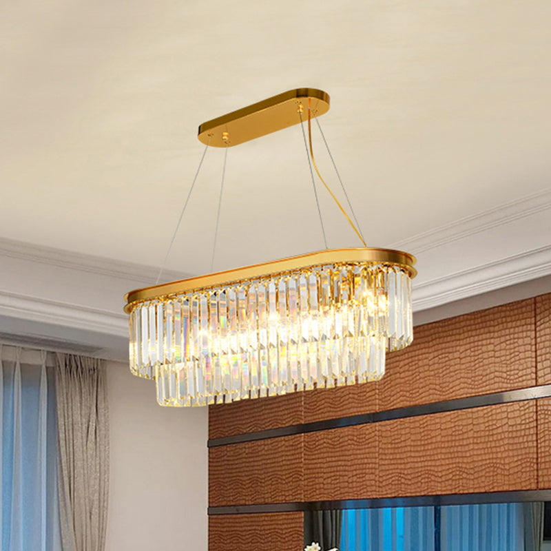 Contemporary Crystal Island Pendant With 7 Bulbs And Gold Finish - 2 Layer Ellipse Design