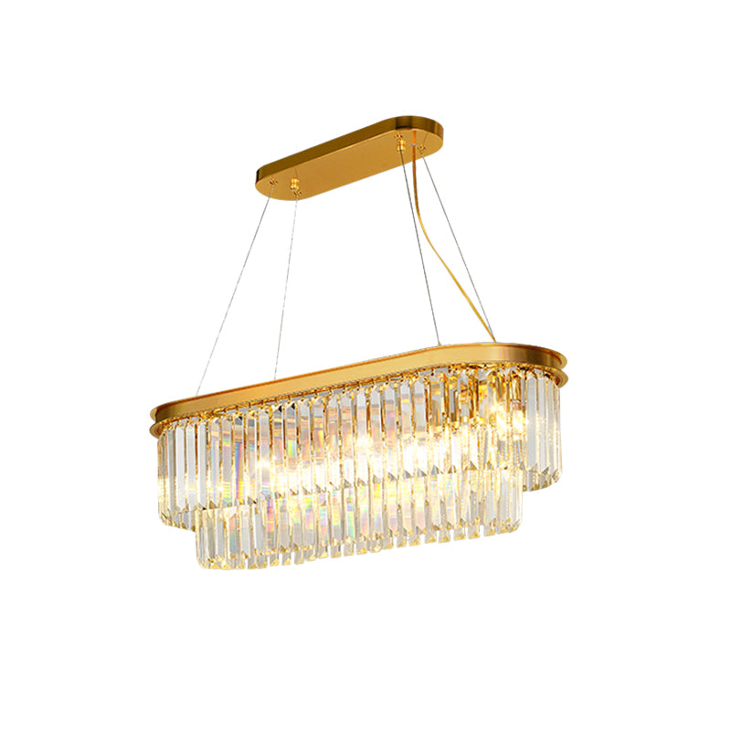 Contemporary Crystal Island Pendant With 7 Bulbs And Gold Finish - 2 Layer Ellipse Design