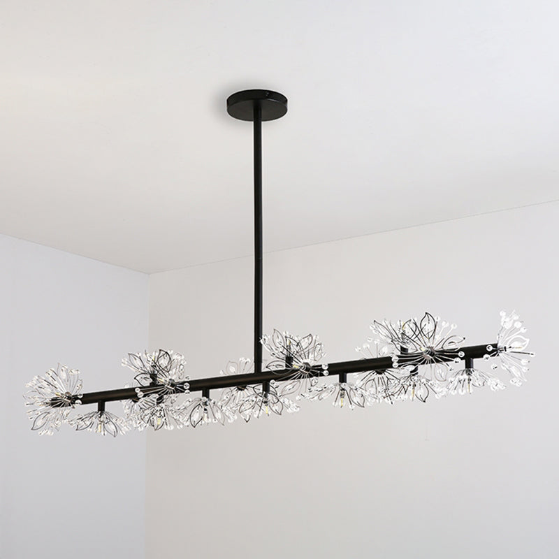 Iron Black Linear 19-Head Suspension Lamp: Modern Island Pendant Light With Crystal Bead Flower