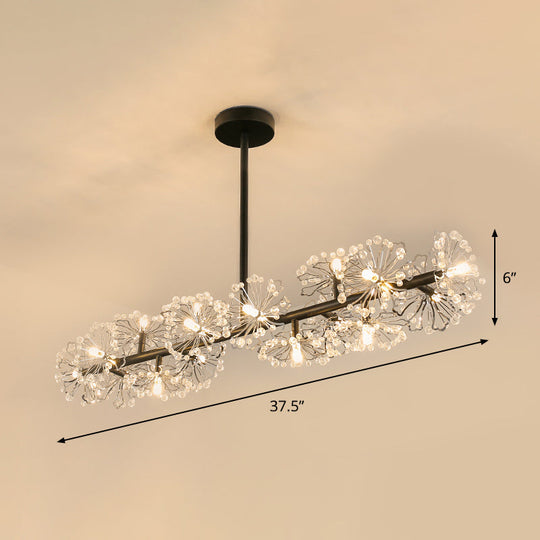 Modern Black Crystal Bead Blossom Island Lamp - Stylish 16 Bulb Dining Table Pendant Light