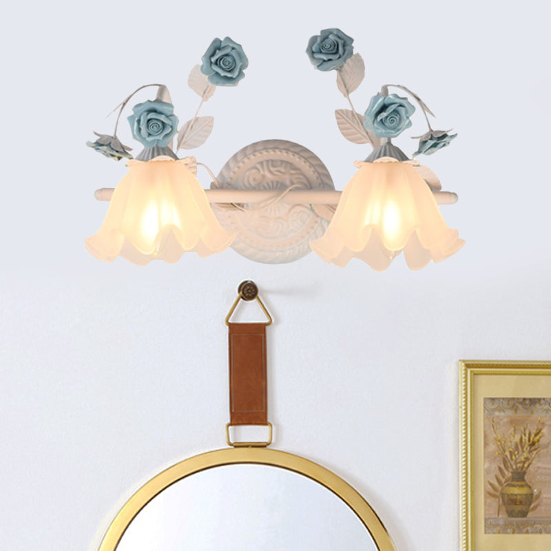 Ruffle Bathroom Wall Mount Light - American Flower Frosted Glass 2/3-Head Vanity Sconce Pink/Blue 2