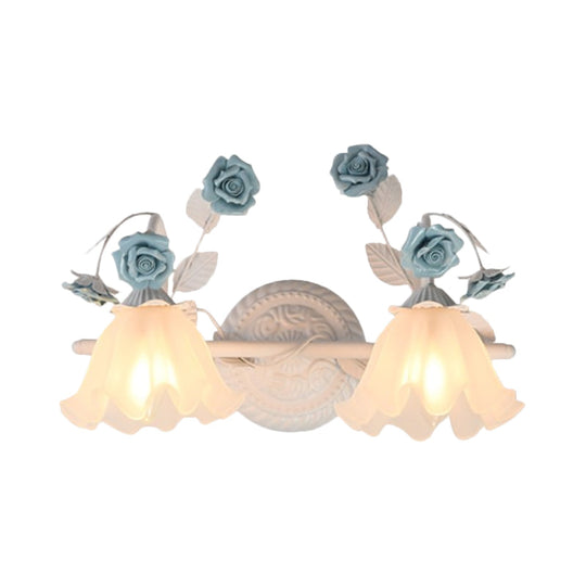 Ruffle Bathroom Wall Mount Light - American Flower Frosted Glass 2/3-Head Vanity Sconce Pink/Blue