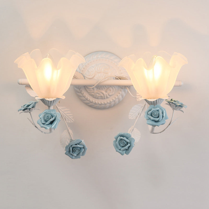 Ruffle Bathroom Wall Mount Light - American Flower Frosted Glass 2/3-Head Vanity Sconce Pink/Blue