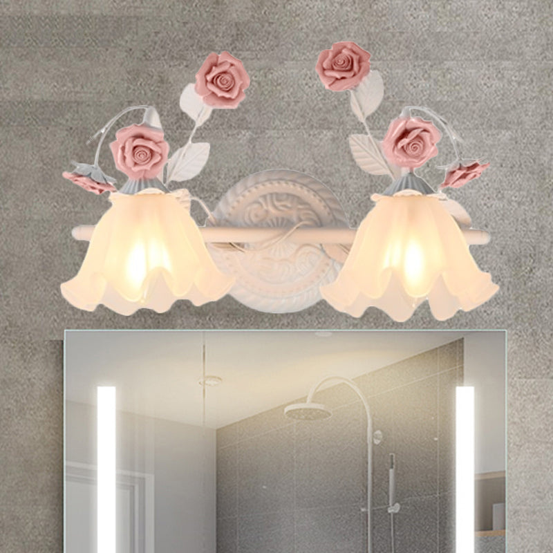 Ruffle Bathroom Wall Mount Light - American Flower Frosted Glass 2/3-Head Vanity Sconce Pink/Blue 2