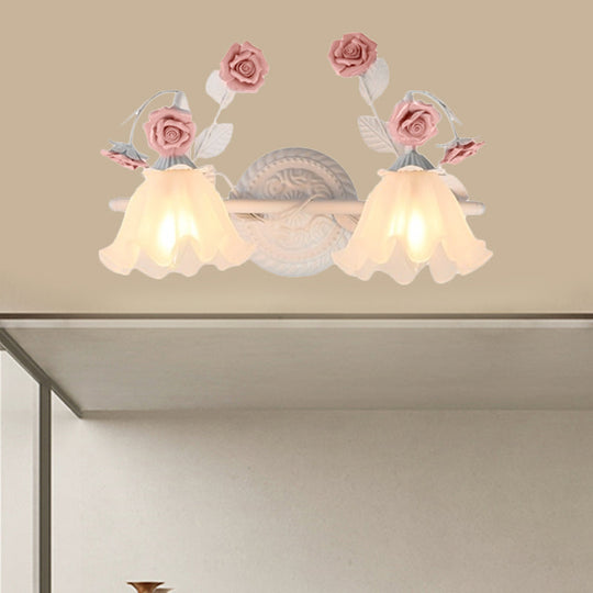 Ruffle Bathroom Wall Mount Light - American Flower Frosted Glass 2/3-Head Vanity Sconce Pink/Blue