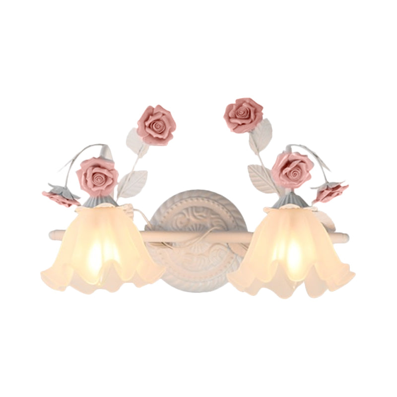 Ruffle Bathroom Wall Mount Light - American Flower Frosted Glass 2/3-Head Vanity Sconce Pink/Blue