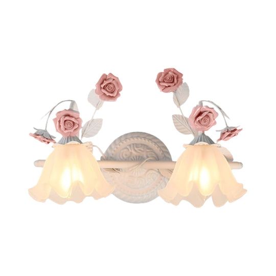 Ruffle Bathroom Wall Mount Light - American Flower Frosted Glass 2/3-Head Vanity Sconce Pink/Blue