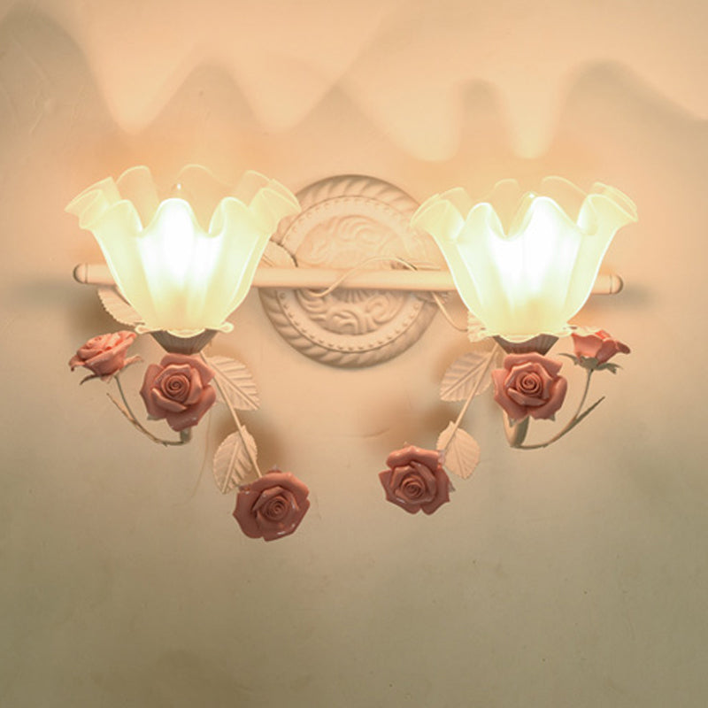 Ruffle Bathroom Wall Mount Light - American Flower Frosted Glass 2/3-Head Vanity Sconce Pink/Blue