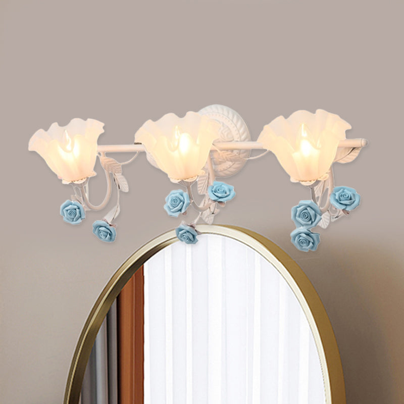 Ruffle Bathroom Wall Mount Light - American Flower Frosted Glass 2/3-Head Vanity Sconce Pink/Blue 3