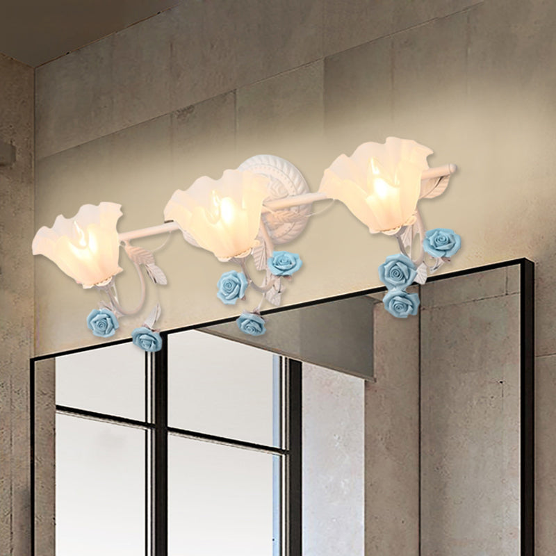 Ruffle Bathroom Wall Mount Light - American Flower Frosted Glass 2/3-Head Vanity Sconce Pink/Blue