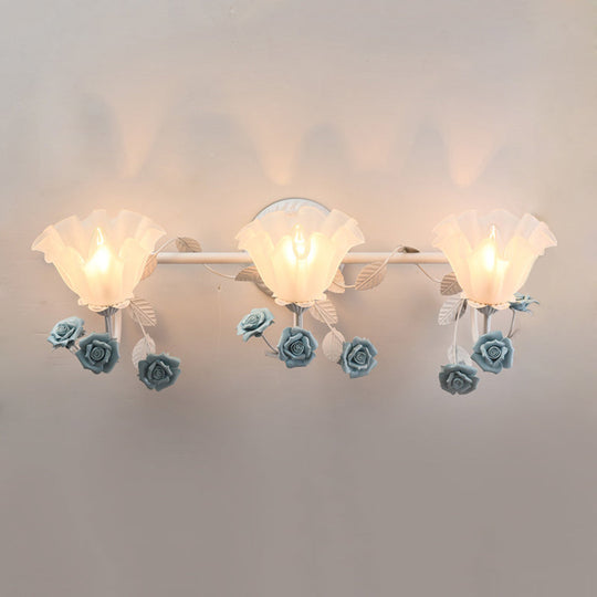 Ruffle Bathroom Wall Mount Light - American Flower Frosted Glass 2/3-Head Vanity Sconce Pink/Blue