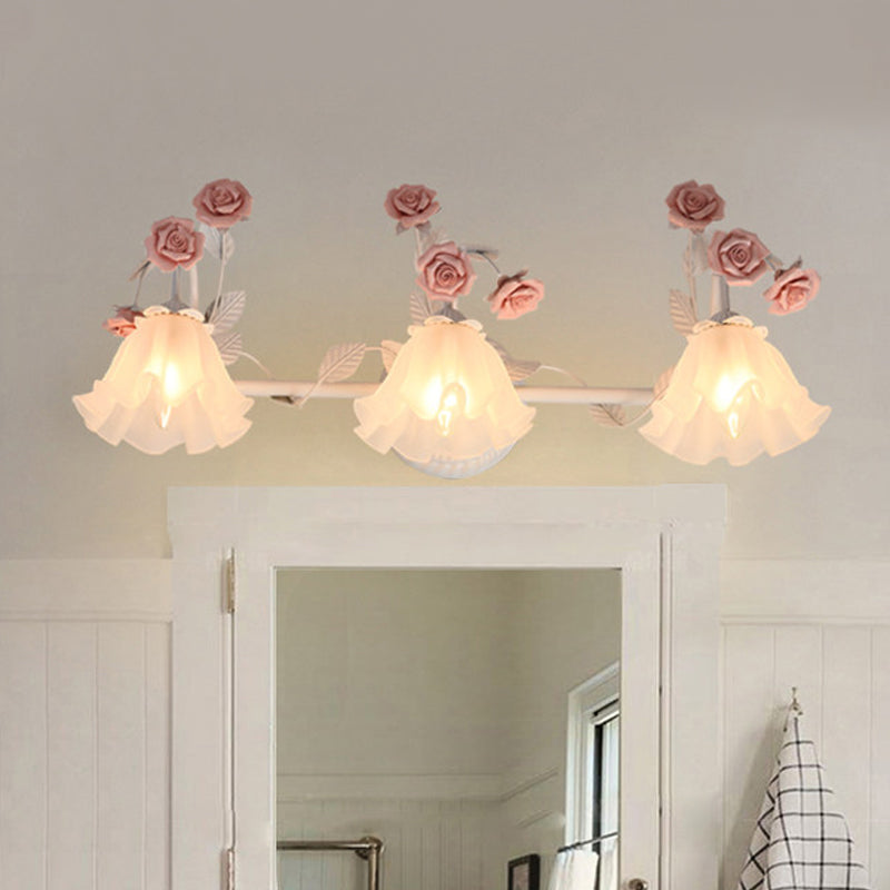 Ruffle Bathroom Wall Mount Light - American Flower Frosted Glass 2/3-Head Vanity Sconce Pink/Blue