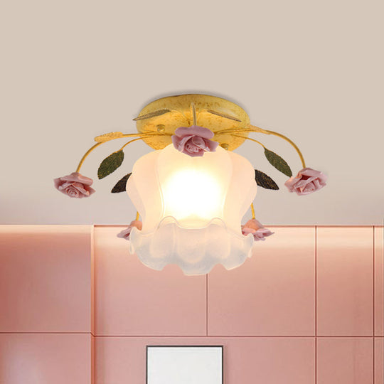 Yellow-Pink/White-Pink Flowerbud Cream Matte Glass Semi Flush Mount Ceiling Light for Corridors