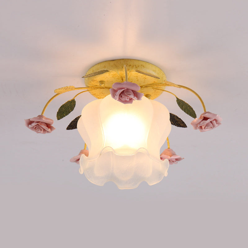 Yellow-Pink/White-Pink Flowerbud Cream Matte Glass Semi Flush Mount Ceiling Light for Corridors