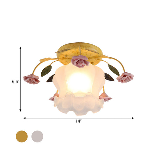 Yellow-Pink/White-Pink Flowerbud Cream Matte Glass Semi Flush Mount Ceiling Light for Corridors