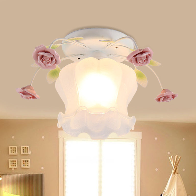 Yellow-Pink/White-Pink Flowerbud Cream Matte Glass Semi Flush Mount Ceiling Light for Corridors